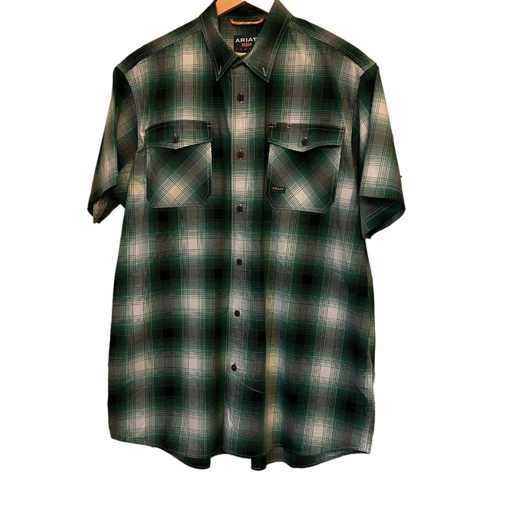 Ariat Rebar Mens Green Plaid Pockets Short Sleeve Button Up Flannel Shirt Sz XL
